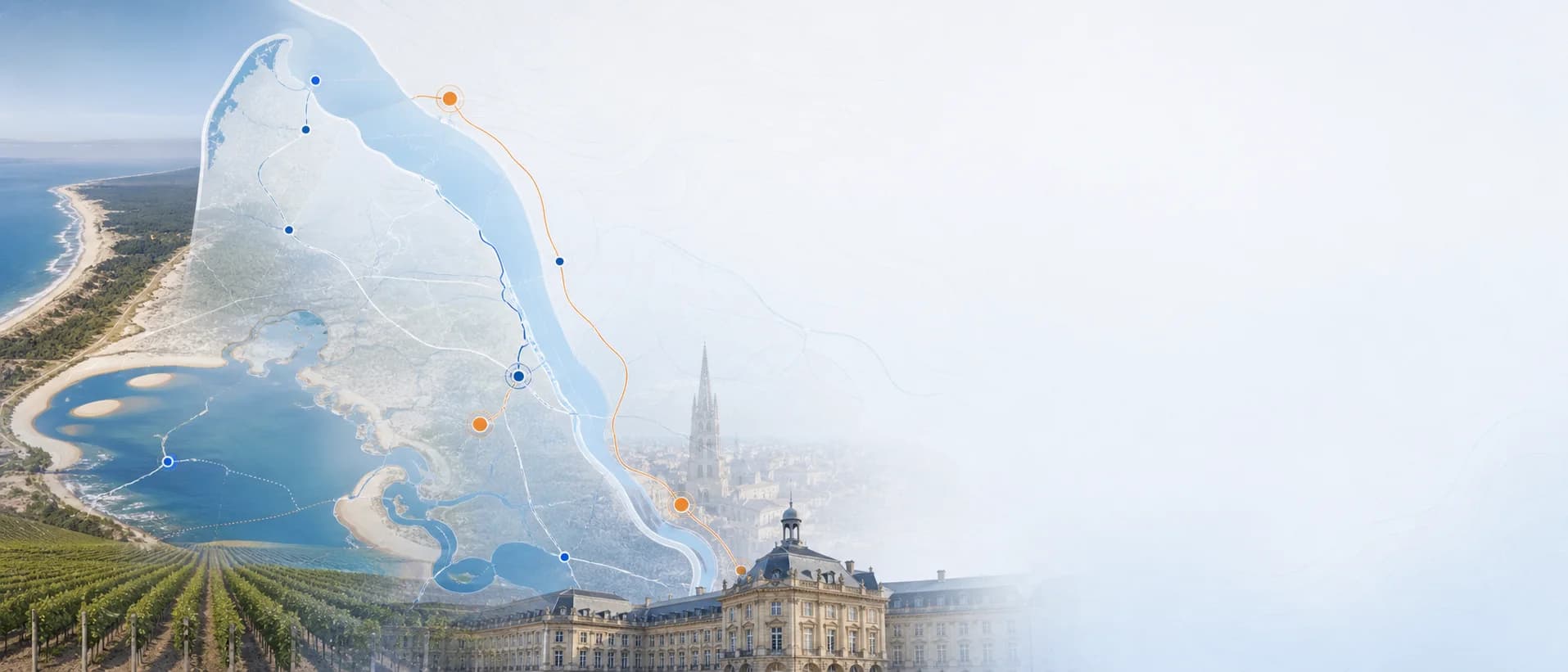 Carte illustrée de la Gironde reliant Bordeaux, le Médoc, l'estuaire et le Bassin d'Arcachon